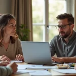 Família reunida em volta da mesa, analisando documentos financeiros e usando um laptop