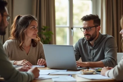 Família reunida em volta da mesa, analisando documentos financeiros e usando um laptop