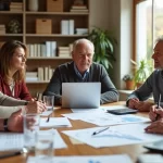 Família reunida em uma mesa discutindo documentos financeiros e planejamento patrimonial