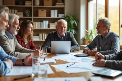 Família reunida em uma mesa discutindo documentos financeiros e planejamento patrimonial