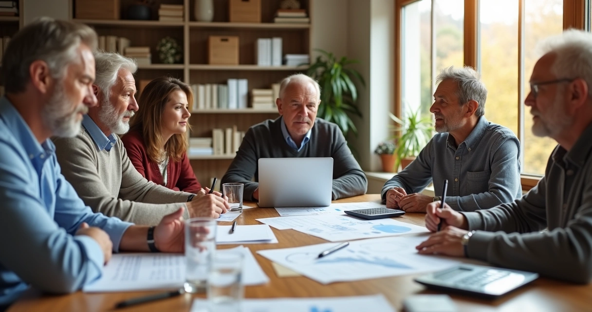 Família reunida em uma mesa discutindo documentos financeiros e planejamento patrimonial