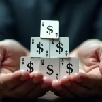 Mãos segurando uma pirâmide de cartas com símbolos de cifrões, fundo escuro com gráficos financeiros sutis