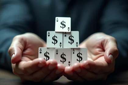 Mãos segurando uma pirâmide de cartas com símbolos de cifrões, fundo escuro com gráficos financeiros sutis