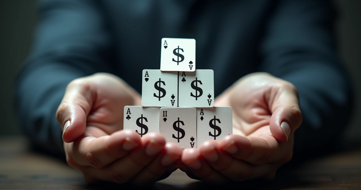 Mãos segurando uma pirâmide de cartas com símbolos de cifrões, fundo escuro com gráficos financeiros sutis