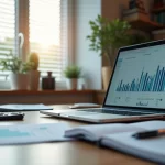 Vista realista de freelancer trabalhando em escritório organizado, com laptop, cadernos, canecas e gráficos financeiros na tela