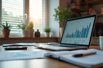 Vista realista de freelancer trabalhando em escritório organizado, com laptop, cadernos, canecas e gráficos financeiros na tela