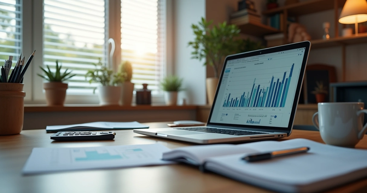 Vista realista de freelancer trabalhando em escritório organizado, com laptop, cadernos, canecas e gráficos financeiros na tela