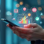 Pessoa utilizando smartphone com elementos digitais de gamificação e gráficos financeiros ao redor