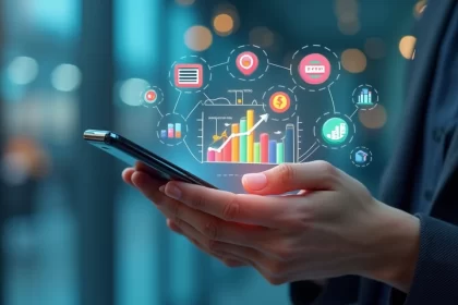 Pessoa utilizando smartphone com elementos digitais de gamificação e gráficos financeiros ao redor
