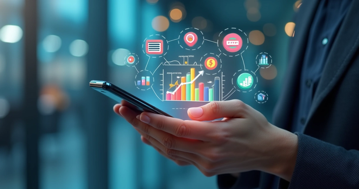 Pessoa utilizando smartphone com elementos digitais de gamificação e gráficos financeiros ao redor