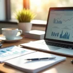 Mesa de trabalho com laptop, cadernos e calculadora em ambiente luminoso para gestão financeira de autônomos