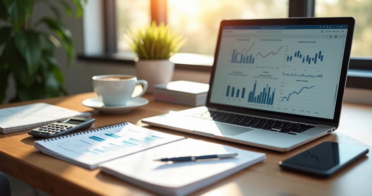 Mesa de trabalho com laptop, cadernos e calculadora em ambiente luminoso para gestão financeira de autônomos
