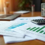 Mesa de escritório com documentos financeiros, gráficos, calculadora e cofre simbolizando gestão de riscos financeiros