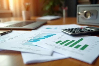 Mesa de escritório com documentos financeiros, gráficos, calculadora e cofre simbolizando gestão de riscos financeiros