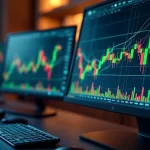 Gráficos financeiros coloridos com linhas ascendentes e descendentes em múltiplas telas de computador