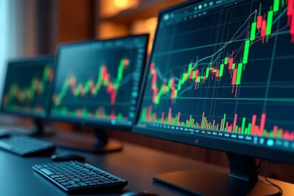 Gráficos financeiros coloridos com linhas ascendentes e descendentes em múltiplas telas de computador