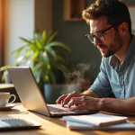 Homem analisando finanças mensais em mesa de café com laptop, caneca de café e cadernos, ambiente acolhedor.