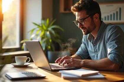 Homem analisando finanças mensais em mesa de café com laptop, caneca de café e cadernos, ambiente acolhedor.