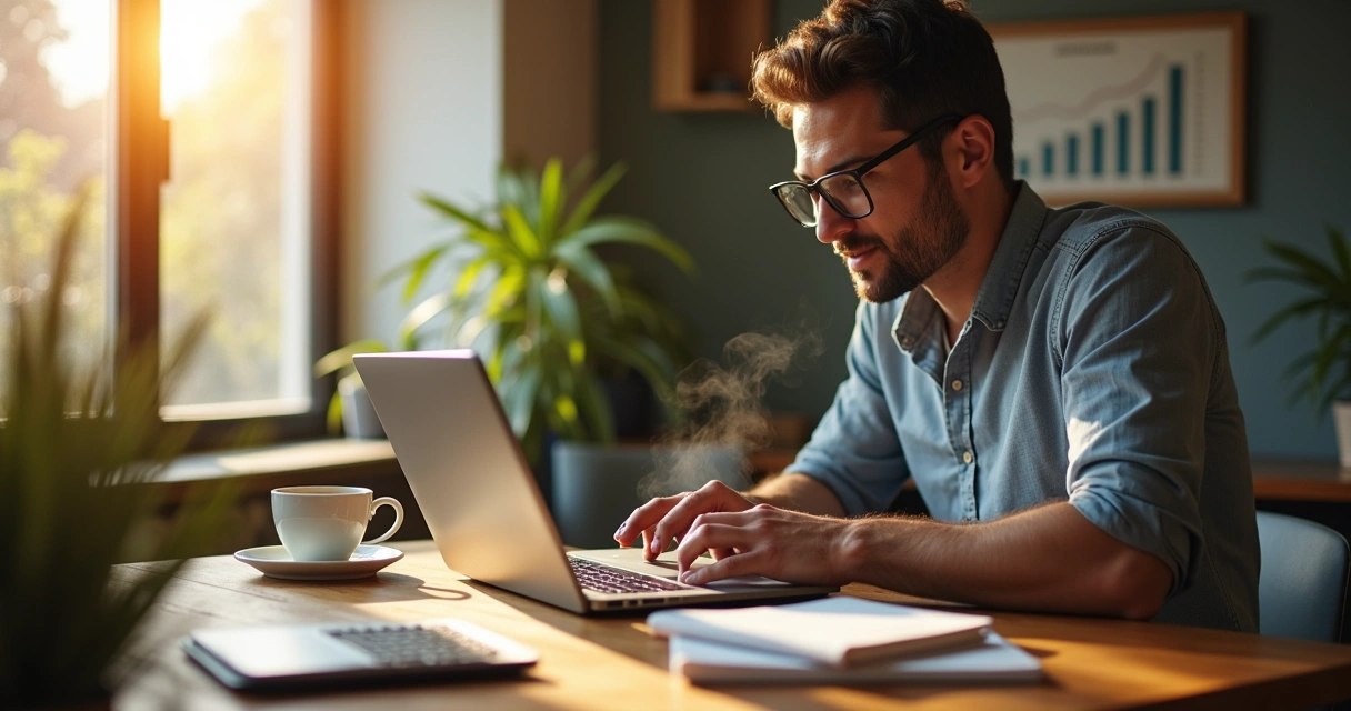 Homem analisando finanças mensais em mesa de café com laptop, caneca de café e cadernos, ambiente acolhedor.