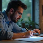 Homem sentado em escrivaninha analisando gráficos financeiros no laptop, ambiente moderno com iluminação natural