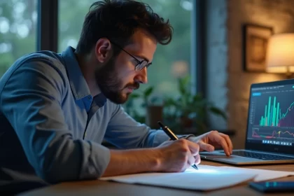 Homem sentado em escrivaninha analisando gráficos financeiros no laptop, ambiente moderno com iluminação natural