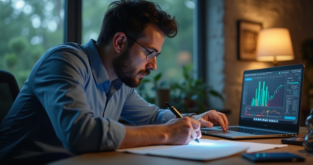 Homem sentado em escrivaninha analisando gráficos financeiros no laptop, ambiente moderno com iluminação natural