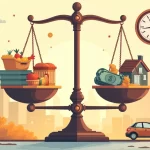 Ilustração sobre inflação, com uma balança mostrando dinheiro versus bens de consumo em uma cidade.