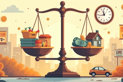 Ilustração sobre inflação, com uma balança mostrando dinheiro versus bens de consumo em uma cidade.