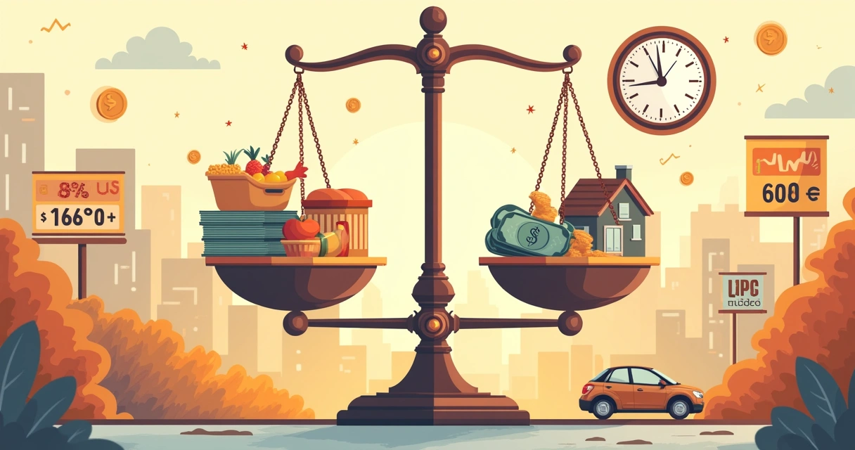 Ilustração sobre inflação, com uma balança mostrando dinheiro versus bens de consumo em uma cidade.