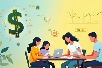 Ilustração mostrando o impacto do dólar no bolso do brasileiro, com família, gráficos e contas.