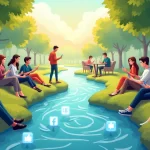 Ilustração mostrando a dualidade das redes sociais: interações humanas versus uso solitário de smartphones.