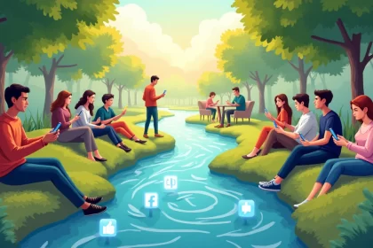 Ilustração mostrando a dualidade das redes sociais: interações humanas versus uso solitário de smartphones.