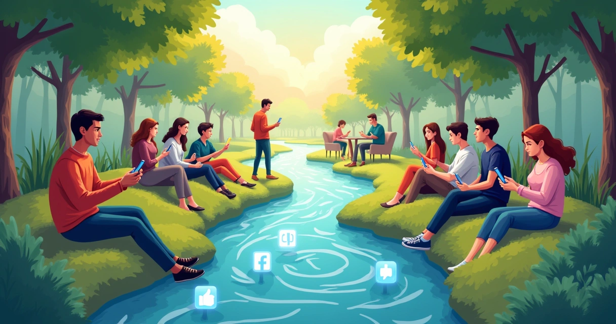 Ilustração mostrando a dualidade das redes sociais: interações humanas versus uso solitário de smartphones.