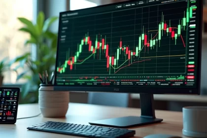 Tela de computador com gráficos financeiros e IA analisando ações em ambiente moderno de escritório