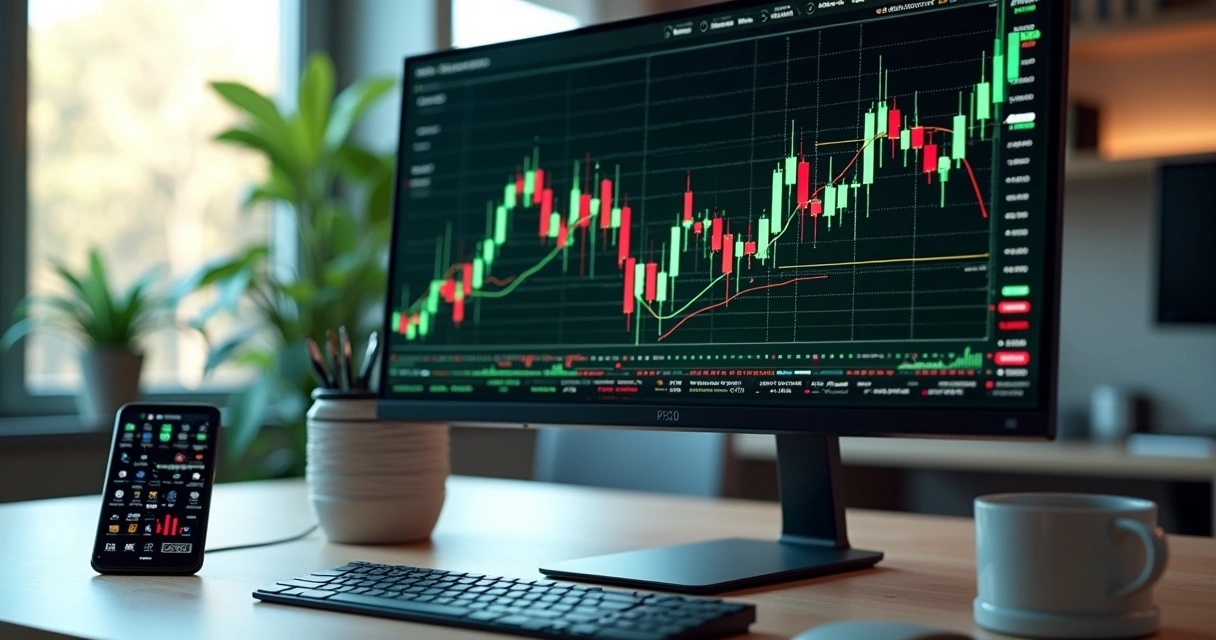 Tela de computador com gráficos financeiros e IA analisando ações em ambiente moderno de escritório