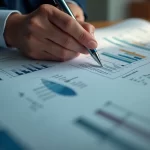 Pessoa analisando documento do CPF com gráficos financeiros ao fundo