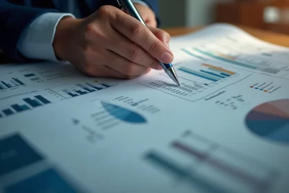 Pessoa analisando documento do CPF com gráficos financeiros ao fundo