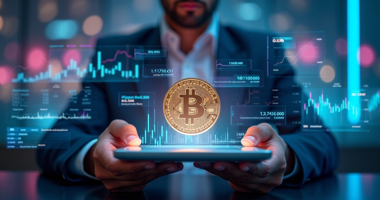 Investidor olhando para telas digitais com gráficos e tokens digitais flutuantes