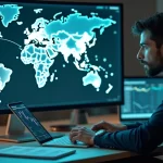 Investidor analisando gráficos financeiros e símbolos de BDRs em tela de computador