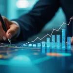 Pessoa analisando gráficos financeiros em tela com ícones de bancos médios