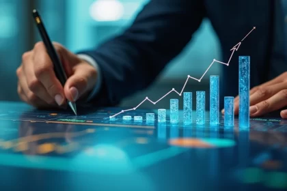 Pessoa analisando gráficos financeiros em tela com ícones de bancos médios