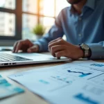 Investidor analisando gráficos financeiros e contratos de COE no computador com notas de dinheiro ao redor