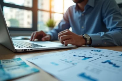 Investidor analisando gráficos financeiros e contratos de COE no computador com notas de dinheiro ao redor