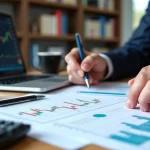 Investidor analisando gráficos financeiros e documentos de debêntures sua mesa organizada com calculadora e laptop