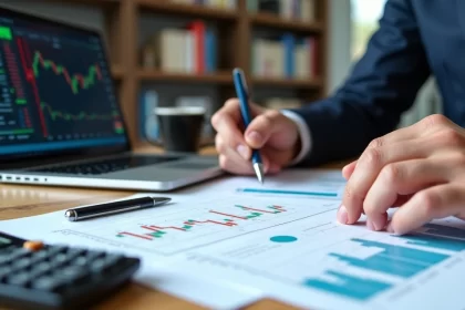 Investidor analisando gráficos financeiros e documentos de debêntures sua mesa organizada com calculadora e laptop