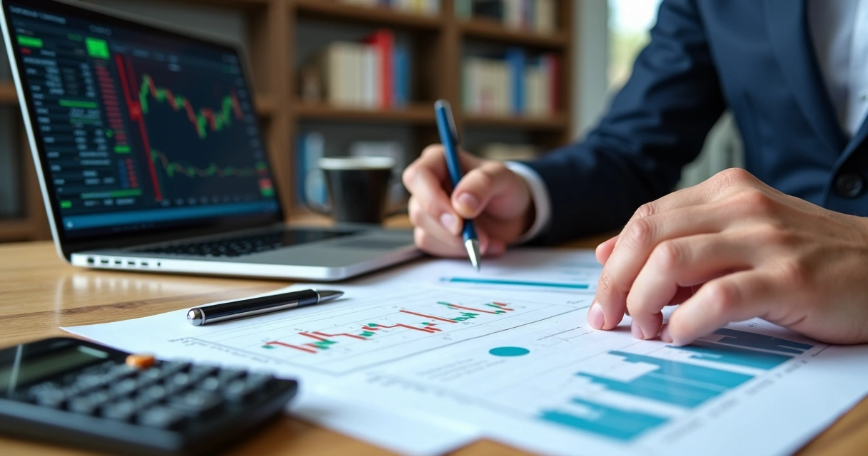 Investidor analisando gráficos financeiros e documentos de debêntures sua mesa organizada com calculadora e laptop