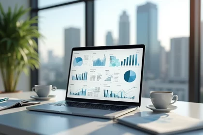 Investidor analisando gráficos de fundos imobiliários em tela de computador moderno