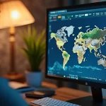 Pessoa analisando gráficos financeiros em tela de computador com elementos de campo ao fundo