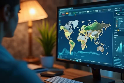 Pessoa analisando gráficos financeiros em tela de computador com elementos de campo ao fundo