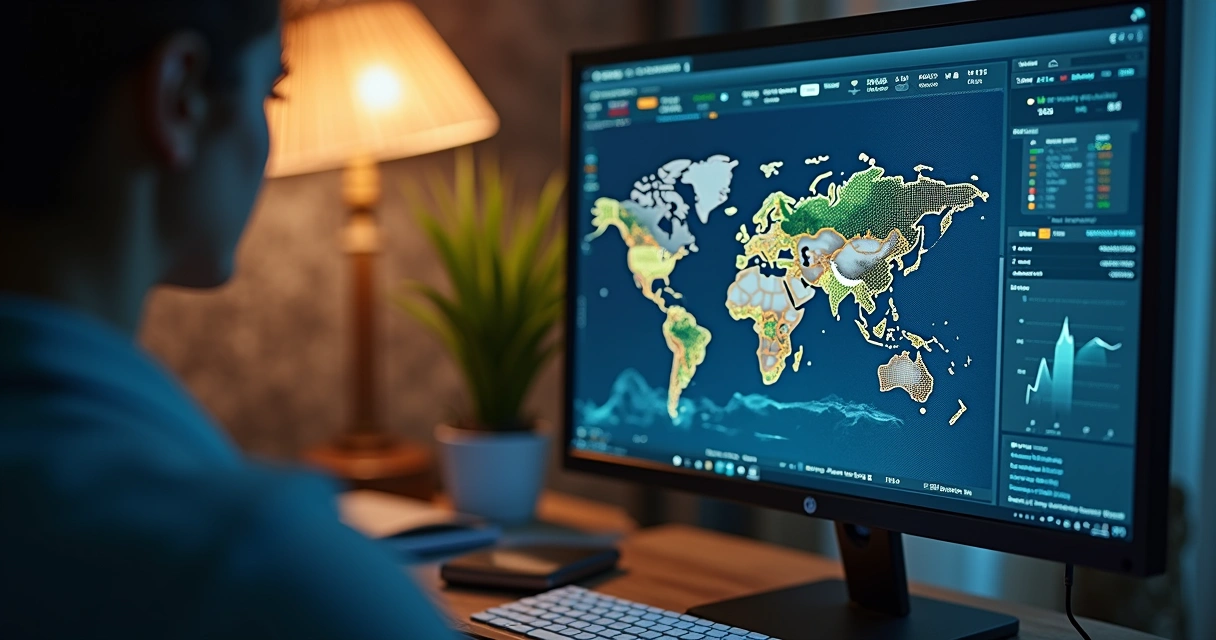 Pessoa analisando gráficos financeiros em tela de computador com elementos de campo ao fundo